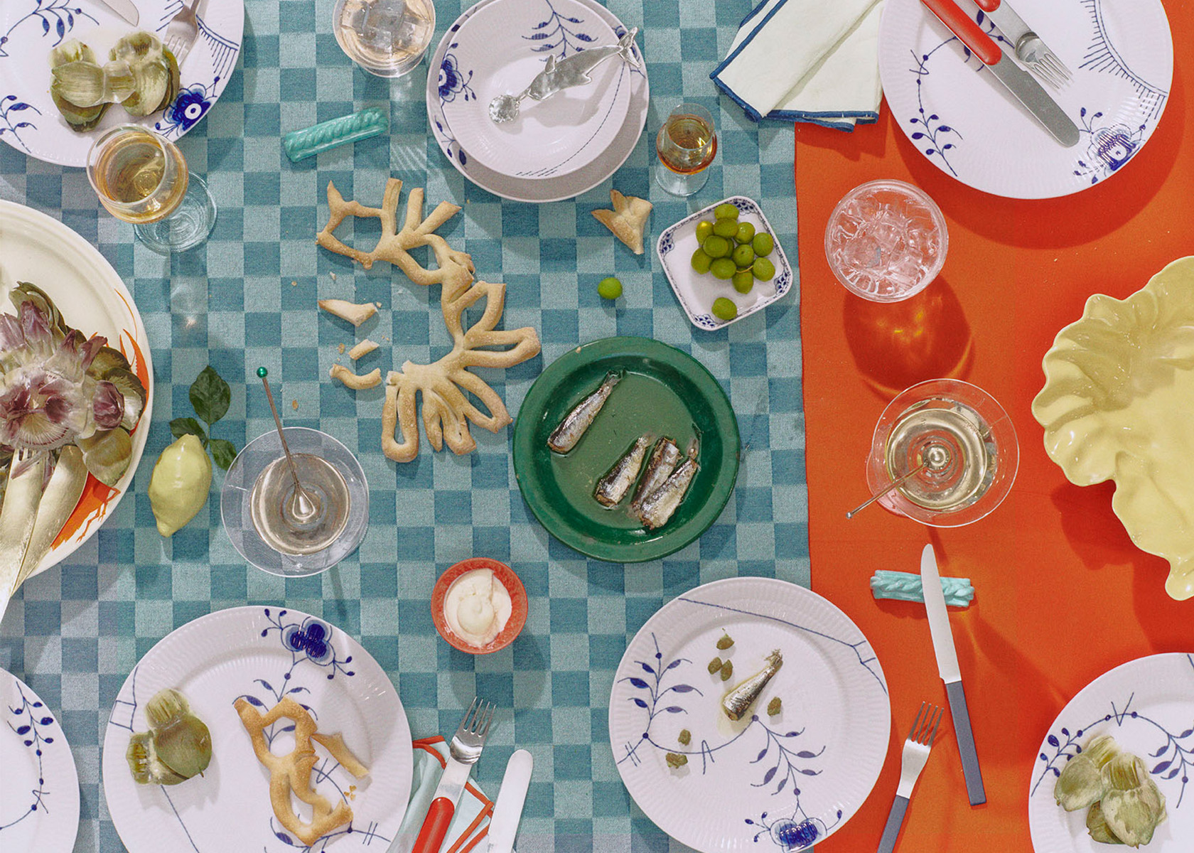 A Colorful table set with Blue Fluted Mega